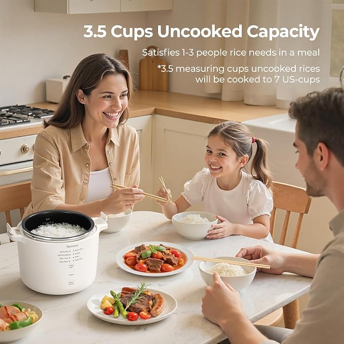 Narcissus Rice Cooker with Removable PFAS-Free Nonstick Pot, 3.5-Cup Capacity for 1-3 People, Multifunctional for Rice, Oatmeal, Quinoa, Slow Cook, Steam, Can Steam & Cook Simultaneously, Rice White