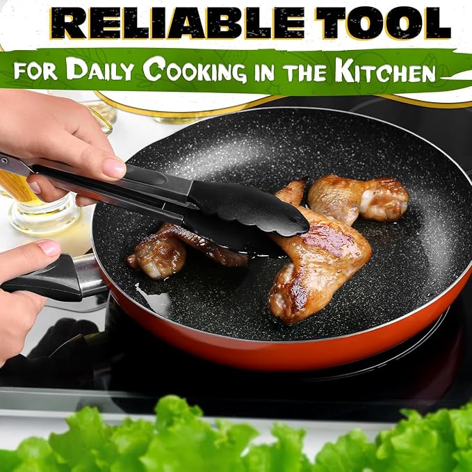 Kitchen Tongs Set of 3, 7/9/12 in, Stainless Steel (Black) | Cooking Tongs with Silicone Tips, Easy-Lock, Heat Resistant, Won't Scratch Pans, Dishwasher Safe, for Grilling, Salad & Pasta
