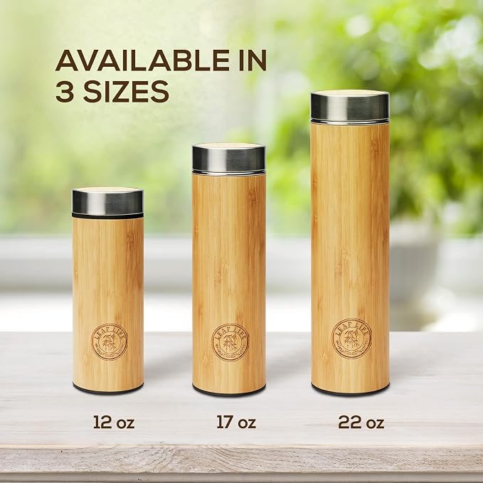 LeafLife Premium Bamboo Tea Tumbler with Infuser for Loose Leaf Tea | Insulated Coffee Bottle, Stainless Steel Gift Set, Leakproof Travel Mug, 12oz