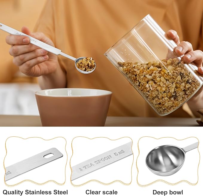 4 Pcs Teaspoons Measuring Spoon, 5 Gram Scoop, Stainless Steel Measuring Spoons, 1 Tsp (5 mL, 5 cc, 1/6 oz, 1/3 Tablespoon), Dishwasher Safe, Metal Measurings Spoons for Cooking & Baking