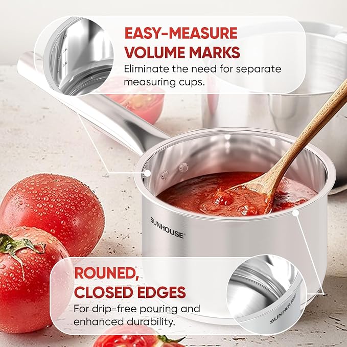 SUNHOUSE 1.5 QT Stainless Steel Sauce Pan with Lid, Small Pot for Cooking | PFOA-Free Uncoated Milk Pan & Butter Warmer, Mini Saucepan with Impact Bonding Base for Induction, Gas, Electric