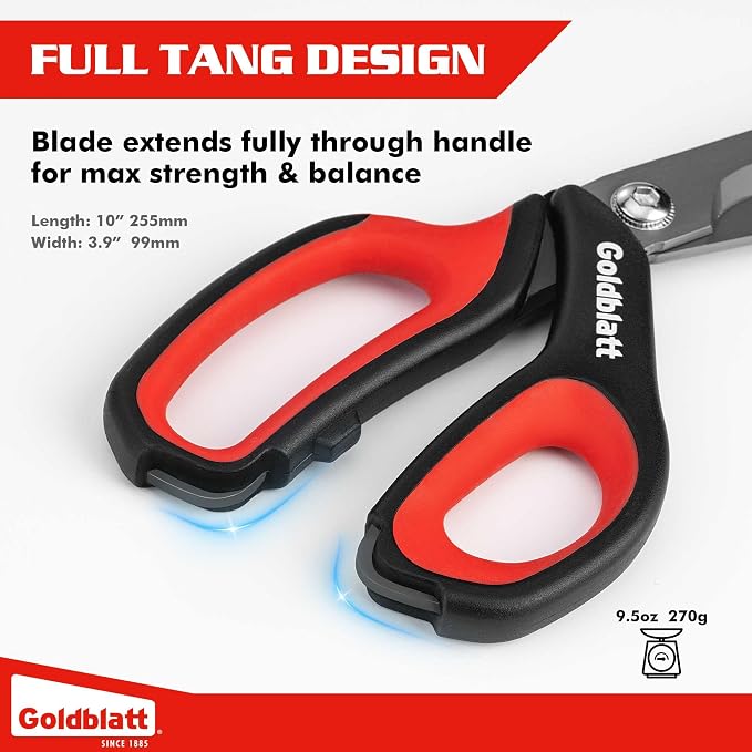 Goldblatt 10-Inch Heavy Duty Scissors, Multipurpose Shop Scissors | Curved Titanium Blades and Serrated Edge for Easy Cutting of Aluminum Sheets, Pruning, Rope and Leather