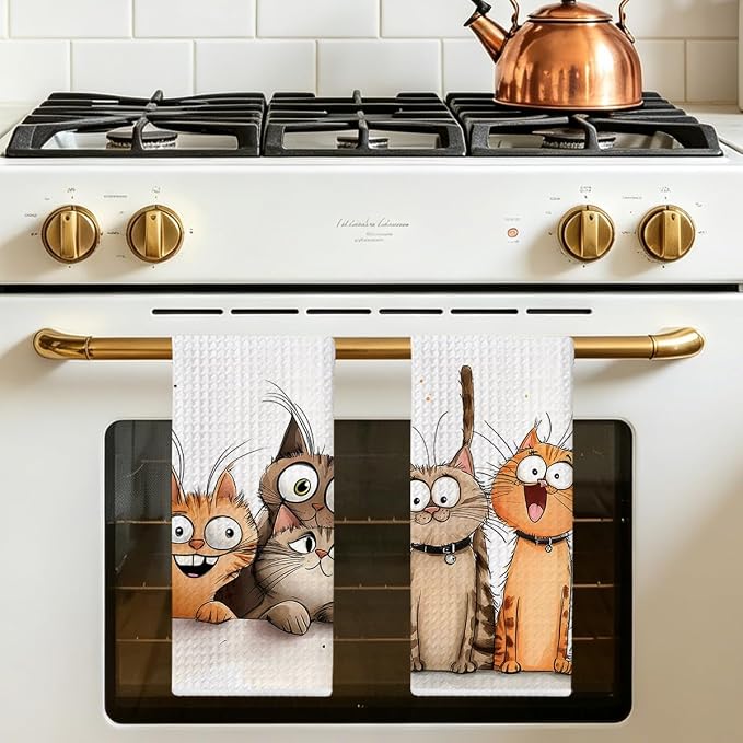 Jztco 2 Pcs Cute Cat Kitchen Towels, Cats Soft Absorbent Hand Tea Towel | Microfiber Dish Cloths for Drying Dishes, Waffle Dish Towels for Kitchen Bathroom Decor, Cat Lover Gifts for Women