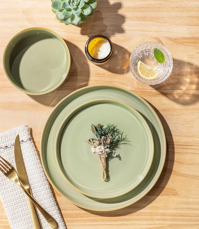 Ceramic Dinnerware Set for 4, 12-Piece Plates and Bowls Set | Lightweight Porcelain Dish Set, Scratch Resistant, Oven & Microwave & Dishwasher Safe, Duck Egg Green