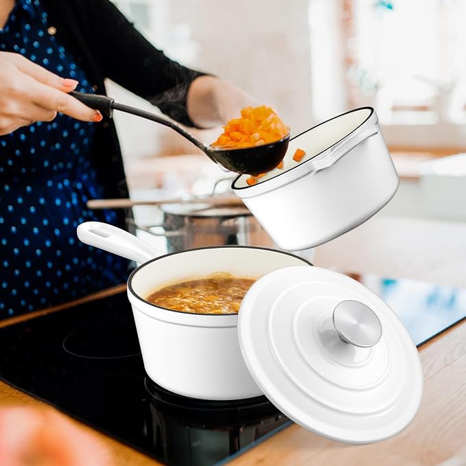 Leonyo 1& 2Qt Enameled Cast Iron Saucepan with Lid, Cooking Pot Set, White