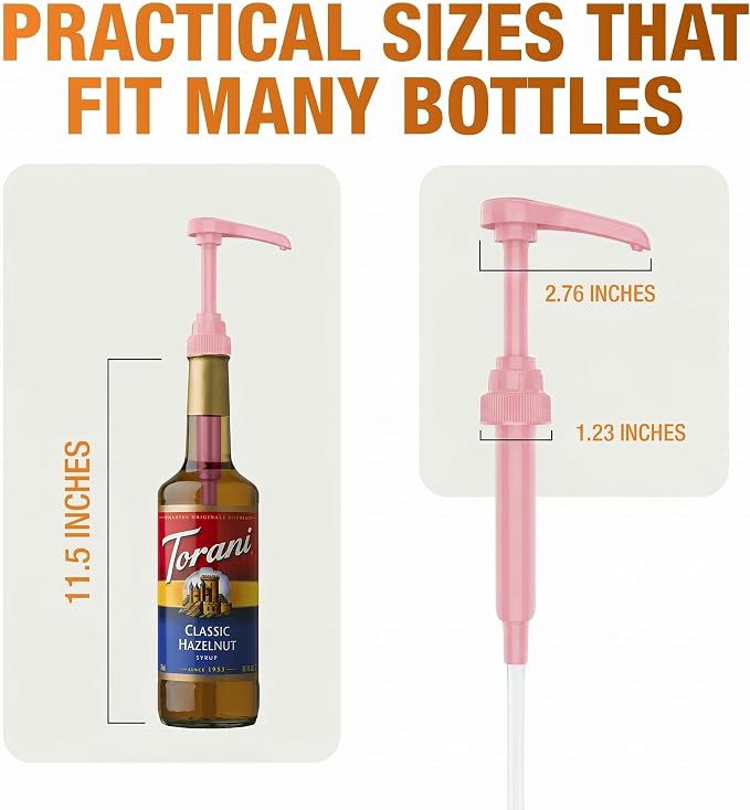 Syrup Pump, Compatible with 750ml Torani, Davinci & Skinny, 2-Pack, Pink | Leak-free, 1/4oz precision pump with locking nozzle. Great for coffee bar accessories, dirty soda stations & dessert sauces
