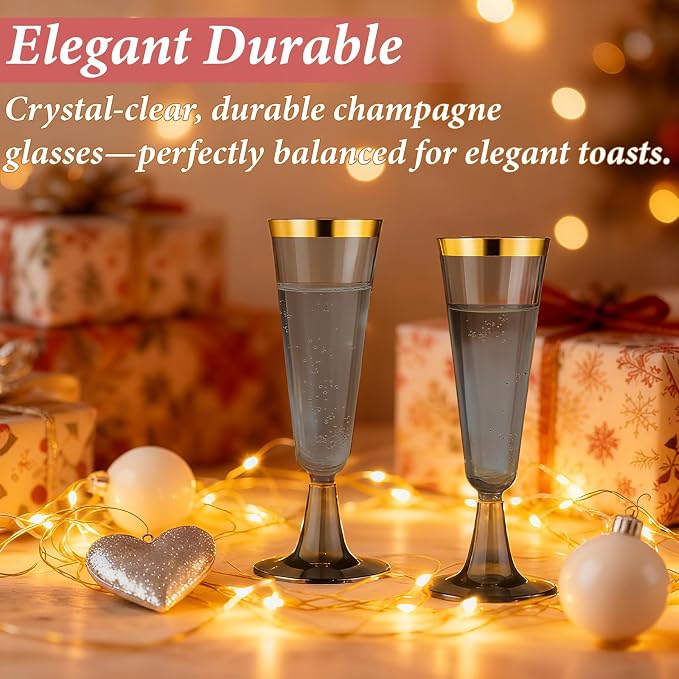 GuanQiao 40 Pack Plastic Champagne Flutes Black, Disposable Plastic Champagne Glasses with Gold Rim, Wine Glasses Cups for Wedding Celebration Birthday Party Wine Tasting New Years Eve Party Supplies