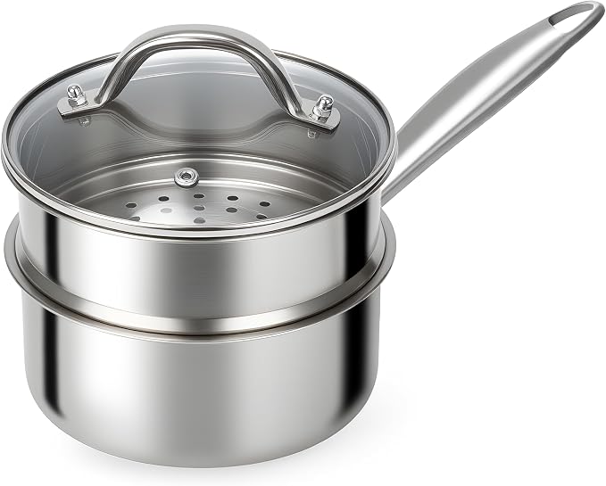 Ohtomber 1.5 Qt Tri-Ply Stainless Steel Saucepan with Steamer Basket & Lid | Nonstick, Sauce pan with Stay-Cool Handle, Induction Safe, Small Cooking Pot, Ideal for Vegetables, Oatmeal, Daily Steaming