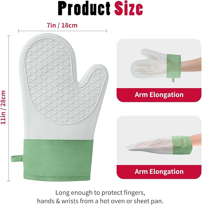 Silicone Oven Mitts，Heat Resistant up to 500°F, Oven Gloves with Soft Lining, Non-Slip Kitchen Essentials, Kitchen Gadgets, Apartment Essentials, Great Gift for Cooking (Grey&green-1pair)