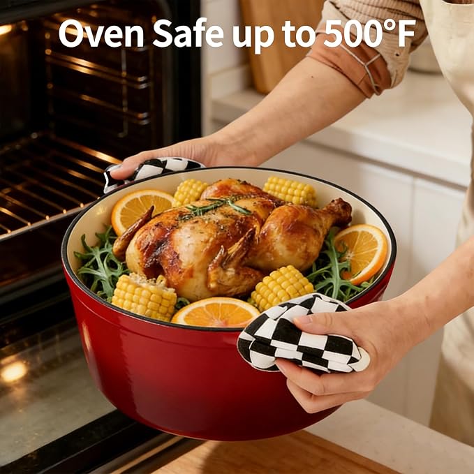 Enameled Cast Iron Dutch Oven pot 6.5 QT with Lid for Bread Baking | Cookware incl. Sourdough Bread-Baking Supplies like Banneton, Dough Whisk, Gloves, Oven Safe for Stews, Roasting, Cherry Red