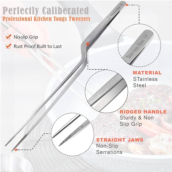 Professional Culinary Stainless Steel Precision Tongs with Serrated Tips, Plating/Food Presentation Detailing Serving Tongs, Chef's Kitchen Tweezer Tongs - Ultra Non-Slip Grip (12" 4 PCS)