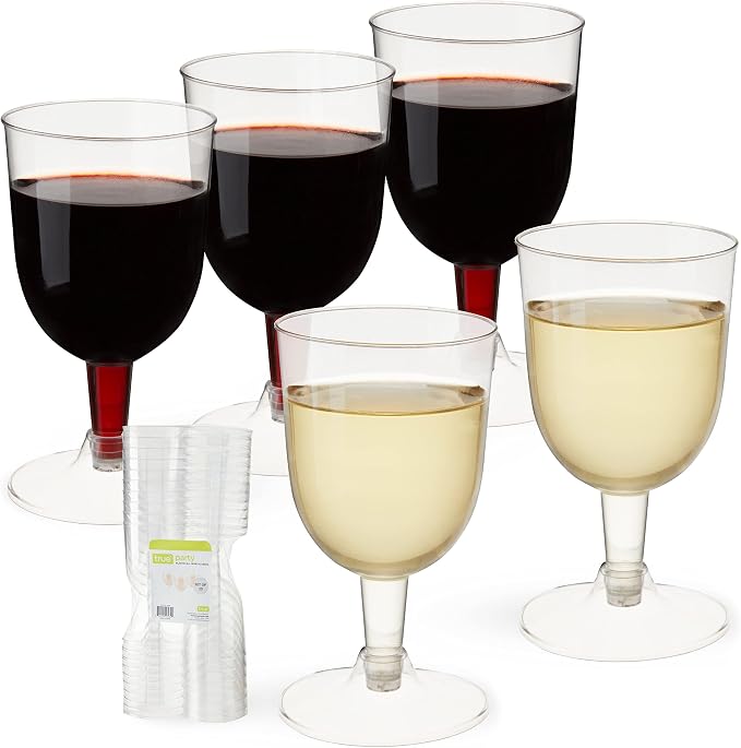 True Set of 20 Disposable Plastic Wine Glasses, Stemmed Clear Plastic Cups for Outdoors, Parties, 6 oz