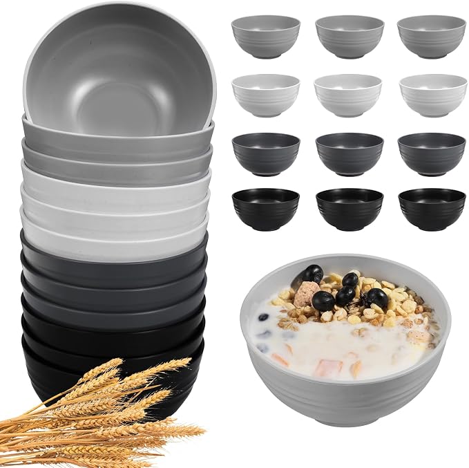 HEYCOME 12 Pcs Unbreakable Cereal Bowls Set, 26 Oz Wheat Straw Bowls Set, Microwave & Dishwasher Safe Bowls for Kitchen, Reusable Plastic Bowls for Soup, Salad and Snack, BPA Free, Multicolor