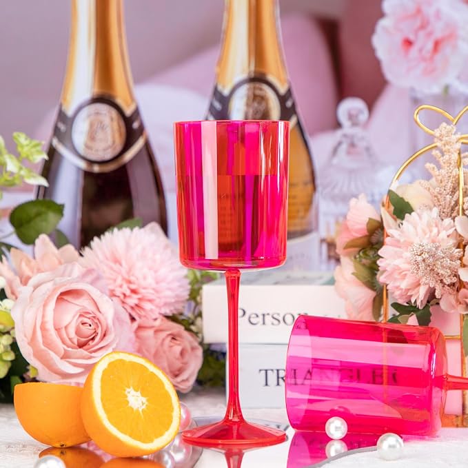 Ciaell 12 Pack Hot Pink Plastic Wine Glasses for Weddings Parties | 10 oz Hot Pink Stemmed Cups, Heavy Duty Plastic, Wine Champagne Cocktails Beverages for Anniversaries Birthdays Bars