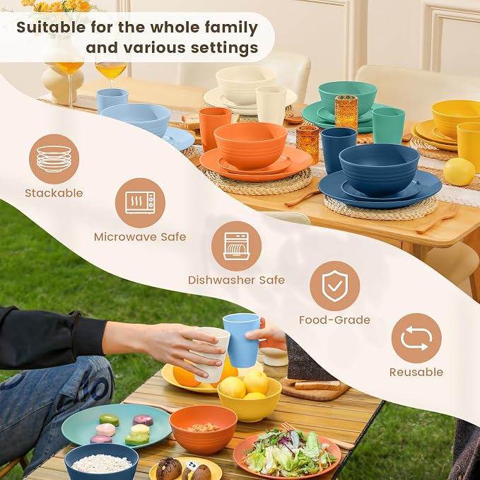 Unbreakable Wheat Straw Dinnerware Set - Plastic Plates and Bowls Sets Alternative, 24-Piece Dishes Set for Apartment, RV, Party, Microwave and Dishwasher Safe Plates, Bowls, Cups(Multi)