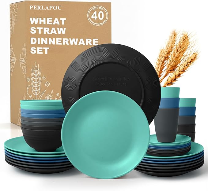 40 PCS Wheat Straw Plates and Bowls Sets,Dishware Set for 8,Unbreakable Kitchen Plates and Bowls Set for Travel Party Dishwasher & Microwave Safe Lightweight Plastic Dishes Set - Calm Tones