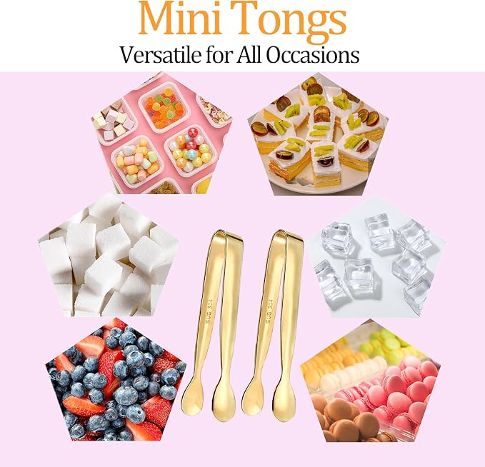 8PCS Gold Mini Metal Tongs, 4.25" Stainless Steel Tiny Tong, Small Kitchen Accessories for Serving Food, Ice, Sugar Cube, Salad, Toaster, Desserts