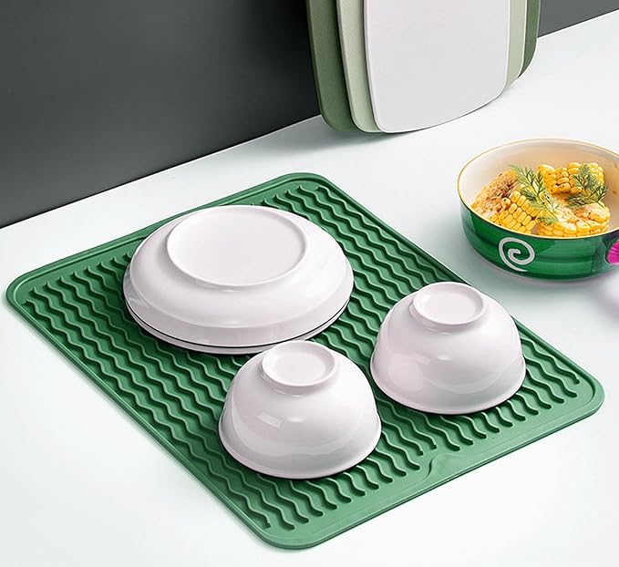 Silicone Dish Drying Mat, Non-Slip Easy Clean Sink Mat, Dark Green, 12"x12" | Quick-Dry Ridges, Large Heat-resistant Dish Drainer Mat for Kitchen Counter, Hangable & Roll-Up for Storage, Dishwasher Safe