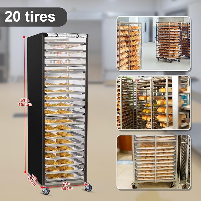 Bun Pan Sheet Rack Cover,Bread Speed Rack Cover with Zipper,Fit 20 Tier / 10 Tier Commercial Bakery Pizza Cooling Proofing with Clear Plastic Roll Top Door and Breathable Mesh Vent(20-Tier)