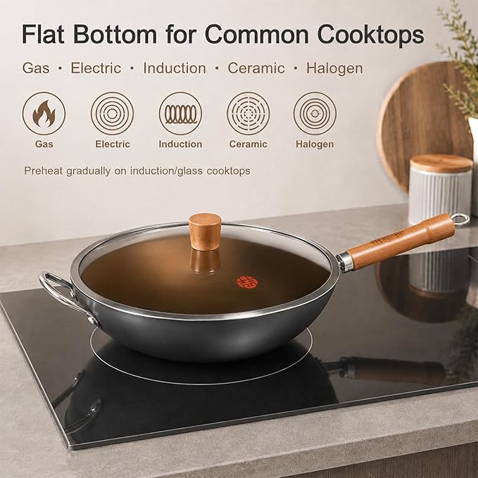 WANGYUANJI Carbon Steel Wok Pan, 13.4" Woks & Stir-Fry Pans with Glass Lid No Chemical Coated Flat Bottom Iron Wok for Induction, Electric, Gas, Halogen All Stoves | Uncoated Stir Fry Pan with Wooden Handle for Gas, Electric, Induction, Ceramic & Halog...