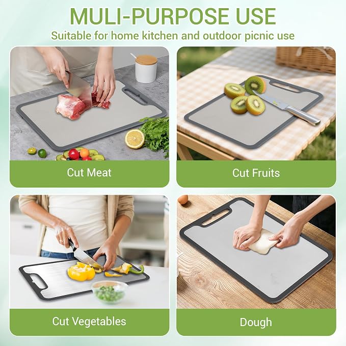 Titanium Cutting Board for Kitchen, 2 Pack, 14.1"x9.7" | 360° Silicone Anti-Slip Edge, Double Sided Food Grade Surface, Non-Toxic, for Raw Meat/Fish/Vegetables/Meal Prep