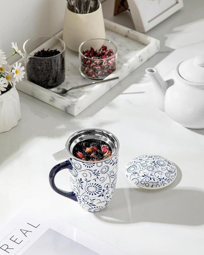 vancasso SELENE Porcelain Tea Mug, 18 oz Porcelain Tea Cup with Infuser and Lid Steeps Loose Leaf Tea, Microwave & Dishwasher Safe, Floral Bloom