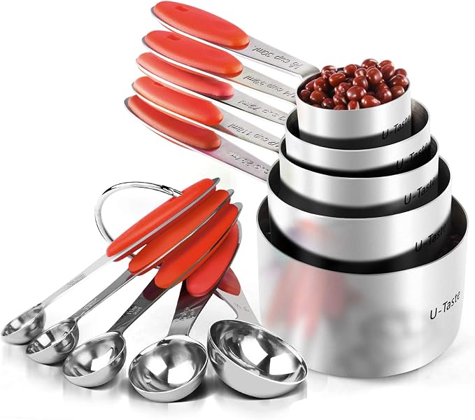 U-Taste Measuring Cups Spoons Set, 18/8 Stainless Steel, 10Pcs, Red | Upgraded Thickened Handle, Reinforced Welded Joints, Nested Stackable Design, Metal Measure Set for Kitchen Baking Cooking