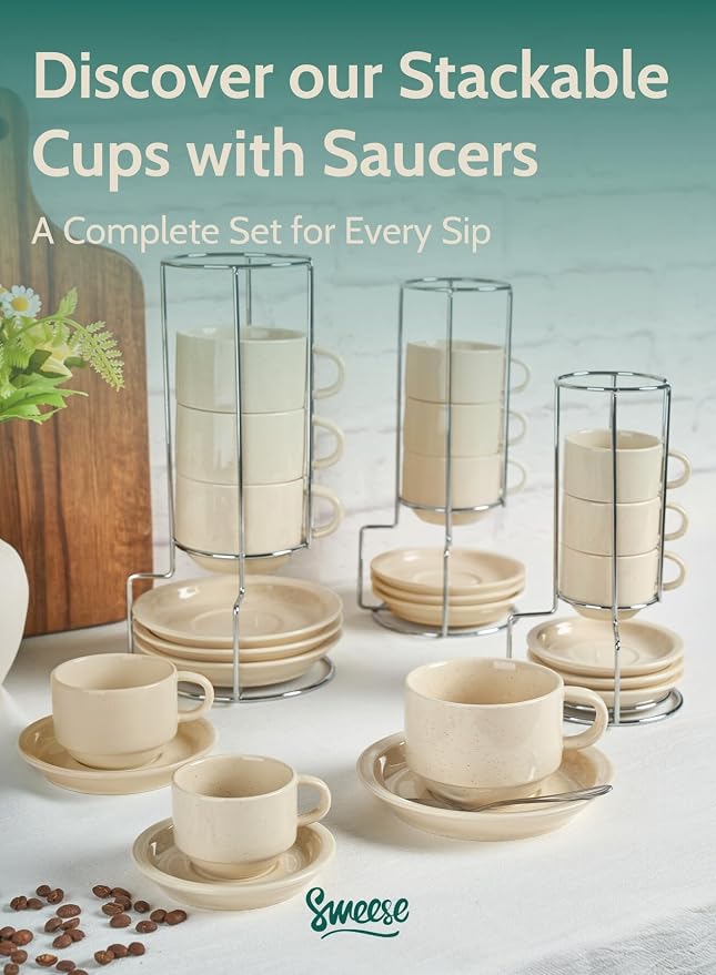 Sweese Porcelain Espresso Cups Set, 2.5 oz, Stackable with Saucers Metal Stand, Beige, 4 Pack