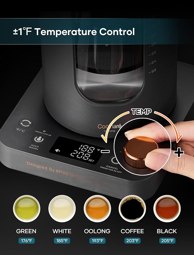 INTASTING Electric Kettle, Electric Tea Kettle with Infuser, 1 Liter | ±1℉ Temperature Control, 1200W Fast Heating, BPA-Free Glass, Easy to Clean, Keep-warm, Auto shut-off, Dark Gray