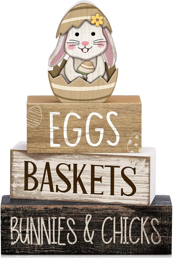 Lineshading 4 Pcs Wooden Farmhouse Tiered Tray Decor Rabbit Egg Signs | Rustic Home Decor for Shelves, Spring Easter Bunny Themed Stackable Blocks, Farmhouse Table Centerpiece Gift