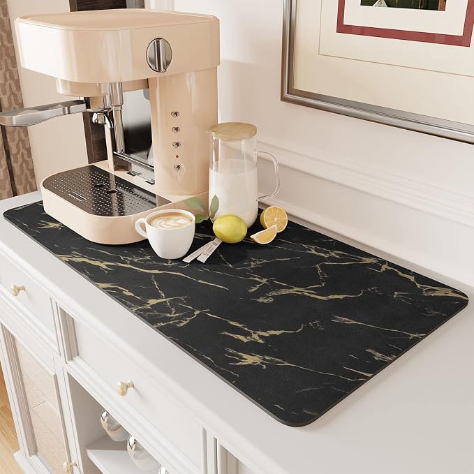 AMOAMI-Coffee Mat Hide Stain Rubber Backed Absorbent Dish Drying Mat for Kitchen Counter-Coffee Bar Accessories Fit Under Coffee Maker, Espresso Machine, Pot, Dish Rack Black&Gold