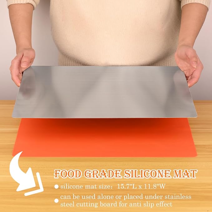 HUAKENER Large Stainless Steel Cutting Board for Kitchen, with Silicone Mat | Cutting Board with Counter Lip, Cutting Board with Silicone Mat for Meat, Fruits, Vegetables, Bread (15.7 x 11.8 Inch)