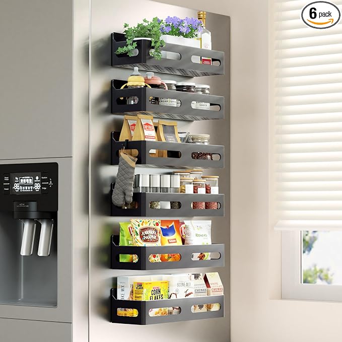 6-Pack Magnetic Spice Rack for Refrigerator with Hooks, Black | Strong multipurpose magnetic shelf for kitchen & bathroom organization. Includes 4 removable hooks for hanging items.