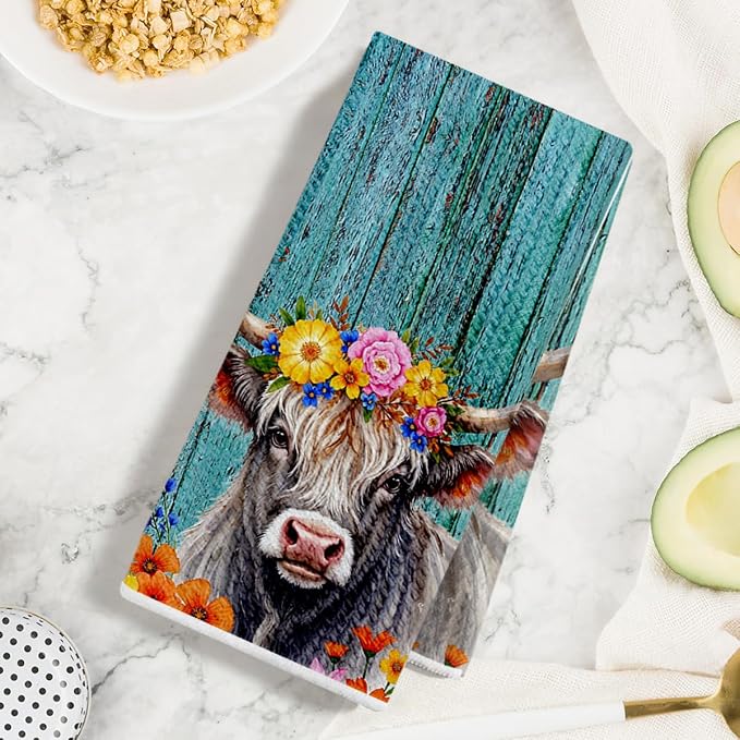Jztco 2 Pcs Cow Kitchen Towels, Rustic Flower Soft Absorbent Hand Towels | Microfiber Dish Cloths for Drying Dishes, Waffle Dish Towels for Kitchen Bathroom Decor, Cow Gifts for Women