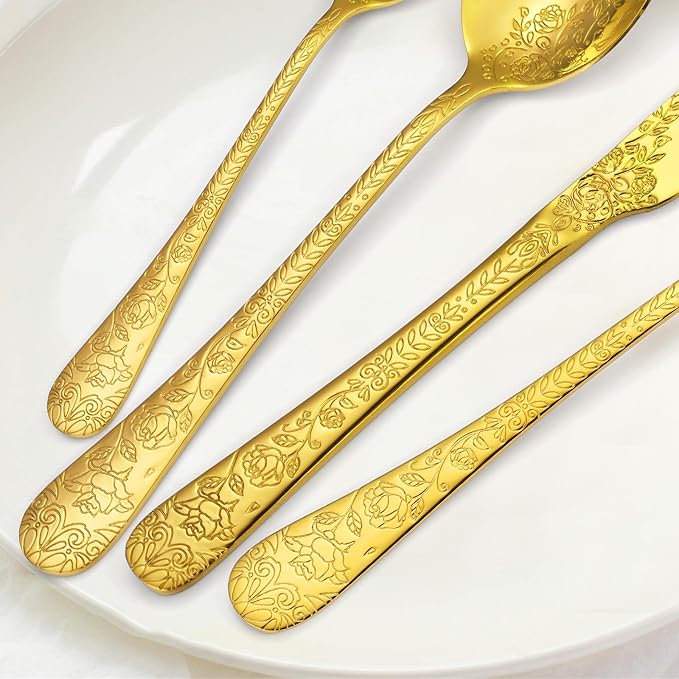 A·HOUSEWARE Gold Flatware Floral Set Stainless Steel Silverware 30 Piece Forks Spoon Knives Cutlery for 6 Kitchen Utensil Vintage Embossed Handle Durable Festival Parties Everyday Use