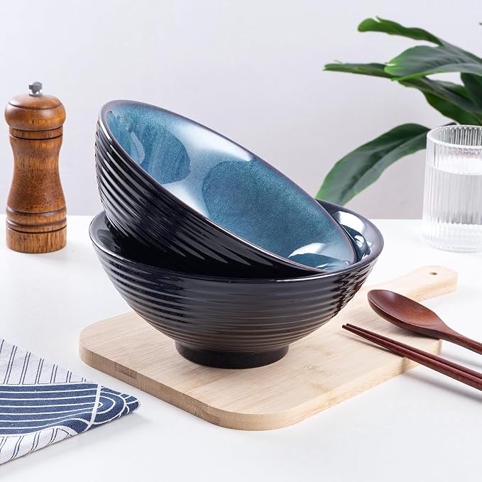 Ceramic Japanese Ramen Bowl Set, 2 Sets Asian Pho Udon Soup Noodle Bowls with Spoons and Chopsticks (Starry Blue, 8 inches)
