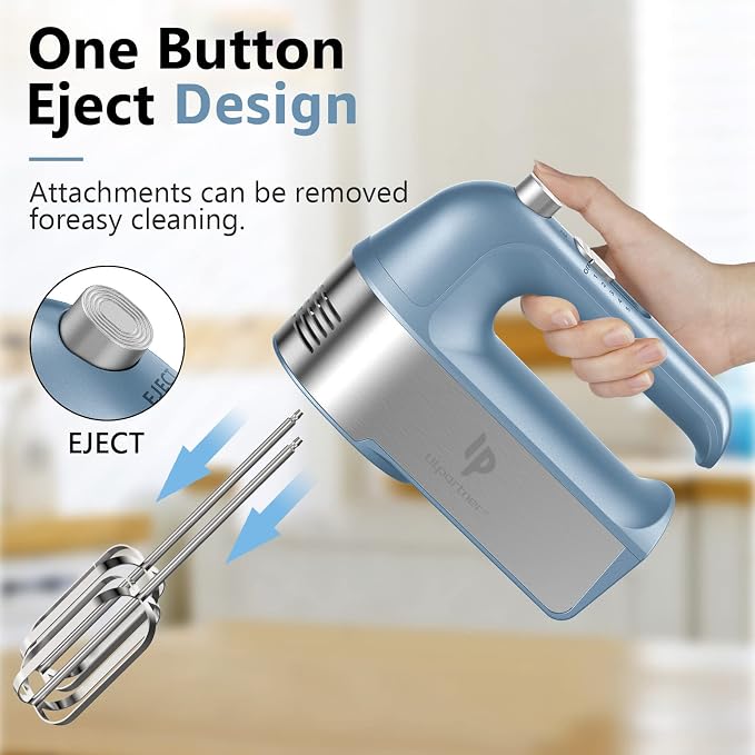 Hand Mixer Electric, 450W Kitchen Mixers with Scale Cup Storage Case, Turbo Boost/Self-Control Speed + 5 Speed + Eject Button + 5 Stainless Steel Accessories, For Easy Whipping Dough, Cream, Blue