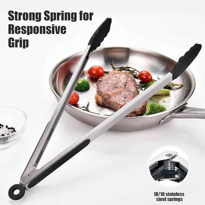 Doosu Kitchen Tongs with Silicone Tips for Cooking Serving (16in, Black) | 600°F Heat Resistant Food Tong, Heavy Duty Stainless Steel Locking Tong for BBQ, Grilling Steak, Salad, Toast, Pasta