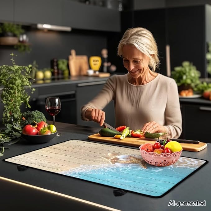 Beach Starfish Wood Electric Stove Insulation Pad Heat & Stain Resistant Dish Drying Mat for Kitchen 30x21 Inch Cooktop Stove Guard Protector with Anti-Slip Grip Extra Large Mat