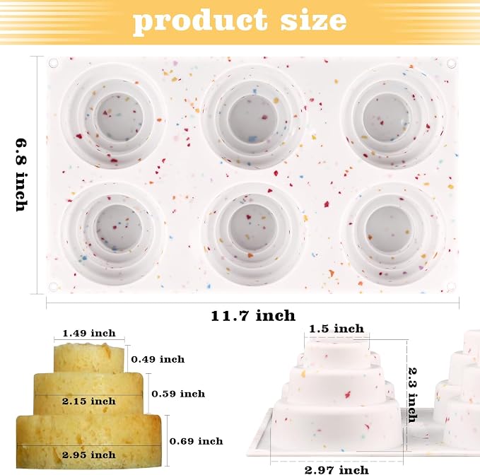 2 Pack 3 Tier Mini Cake Molds, 6 Cavity Silicone Cake Molds for Baking Cake Pop, Cakesicle, Brownie and Mousse (Confetti)