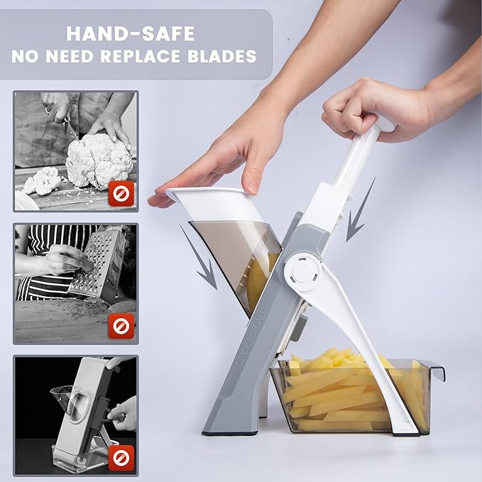 SupMaKin Safe Mandoline Slicer for Kitchen,Adjustable Potato Slicer 1-8 mm | 4 Modes Slice, Strips,Julienne Dicer,Vegetables Slicer Fry Food Cutter,Stainless Steel Blades, Foldable Dishwasher Safe,Gifts