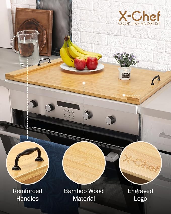 Noodle Board Stove Cover, X-Chef 30 x 22" Bamboo Cutting Board Stove Top Cover with Handles, for Electric Stovetop, Gas Burners, Sink Cover, RV (Wooden)