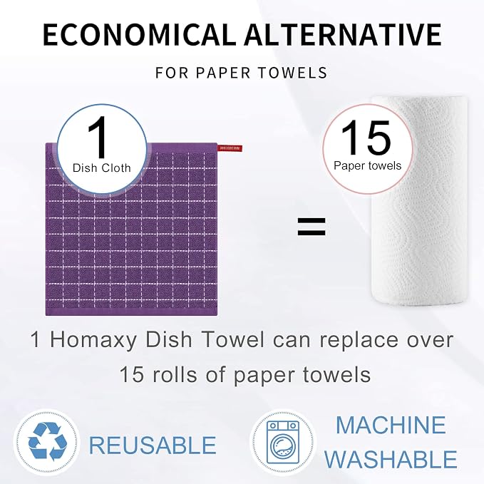 Homaxy 100% Cotton Terry Kitchen Dish Cloths, 6 Pack, Purple | Ultra Soft and Absorbent, Suitable for Drying and Washing Dishes