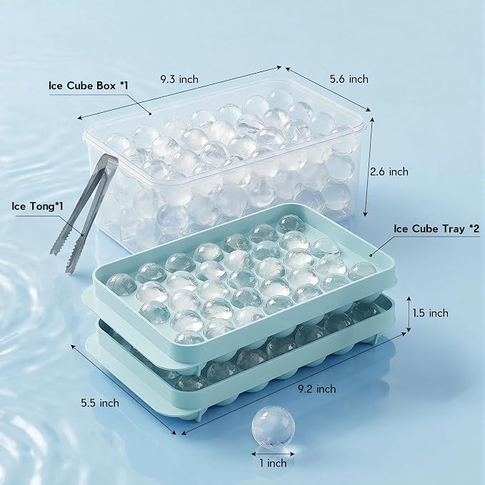 Ice Cube Tray with Lid and Bin, 1" Round Ice Trays for Freezer | 2 Blue Ice Cube Trays with Ice Box & Tong, 1" Round Ice Balls for Iced Coffee & Juice, Easy Twist Release, For Gatherings