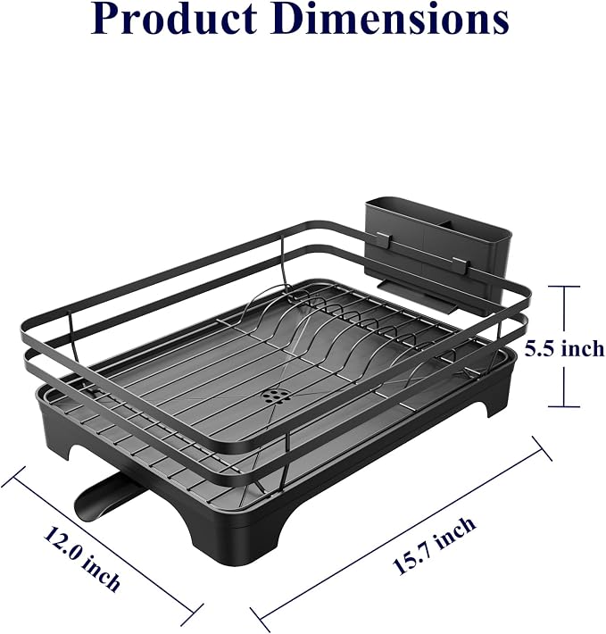 Kitsure Multi-Functional Dish Drying Rack, 15.7" x 12.0" x 5.5", Black | Dish Rack for Kitchen Counter with Cutlery Holder, Rust-Proof Drying Rack Kitchen, Kitchen Sink Organization