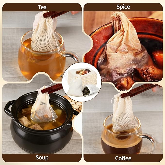 50 Pcs Tea Bags for Loose Leaf Tea, Reusable Tea Bags, Natural Unbleached Cotton Drawstring Sachet Bags, Empty Tea Bags for Spice, Herbs, Sachet & Filter Bags (3 x 4 Inches)