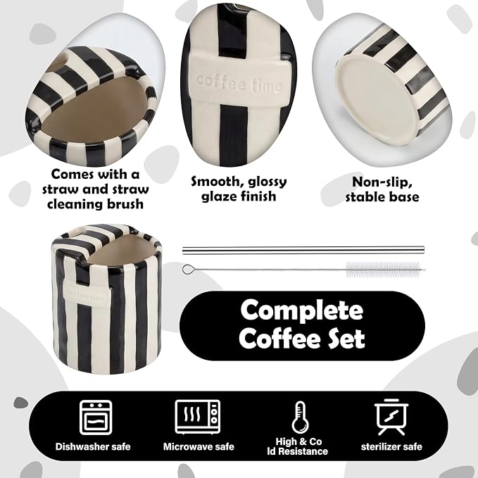 1 Pack Ceramic Mug with Sip Hole, Simple, Black | 10oz Ceramic Coffee Cup with Straws, Retro Hand Painted Striped, for Iced Coffee Tea Latte Espresso, Kitchen Dining Travel