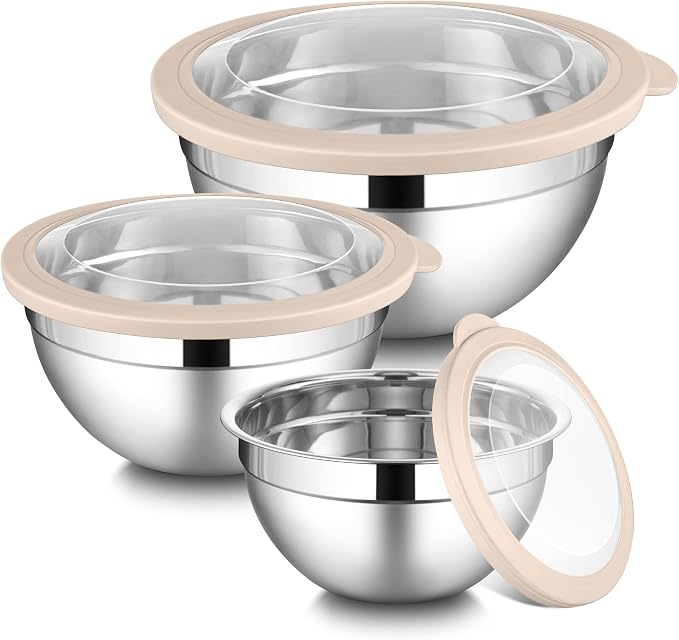 LIANYU Mixing Bowls with Visible Lids, 3Pcs Stainless Steel Kitchen Bowl | Large Metal Nesting Bowls Set, 4.6 & 3 & 1.5QT Size, with Airtight Lids, Ideal for Baking, Serving, Dishwasher Safe, Khaki