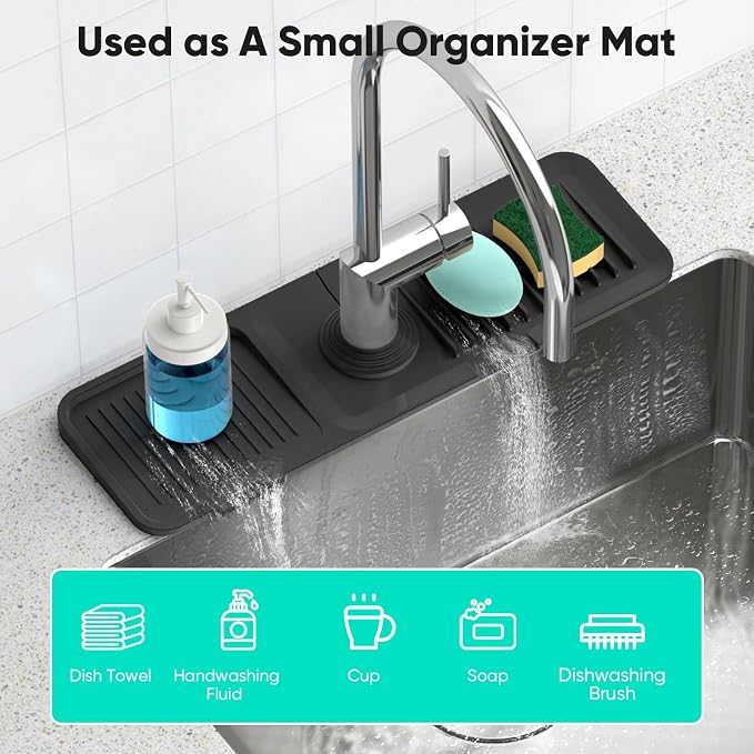 17.7inch Faucet Mat for Kitchen Sink [5°Slope Fast Self-draining] Kitchen Sink Splash Guard Silicone Kitchen Sink Faucet Mat Splash Guard for Kitchen Sink Area Tidy Splash Faucet Guard Draining Mat
