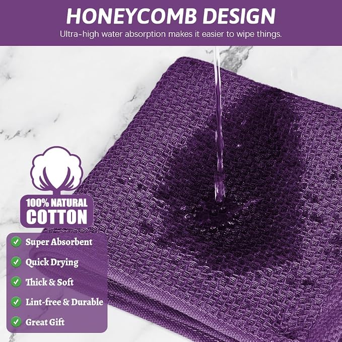 Nialnant 100% Cotton Dish Cloths for Washing Dishes, 4 Pack Waffle Weave Dish Towels,Super Soft Absorbent Cleaning Rags-Purple,12x12 Inch